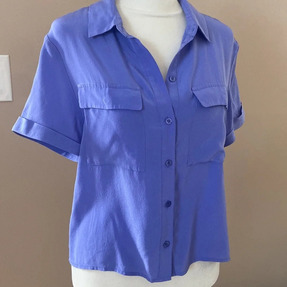 Marcs- 100% Silk Slightly Cropped Purple Button Down Short Sleeve Blouse - Picture 10 of 11